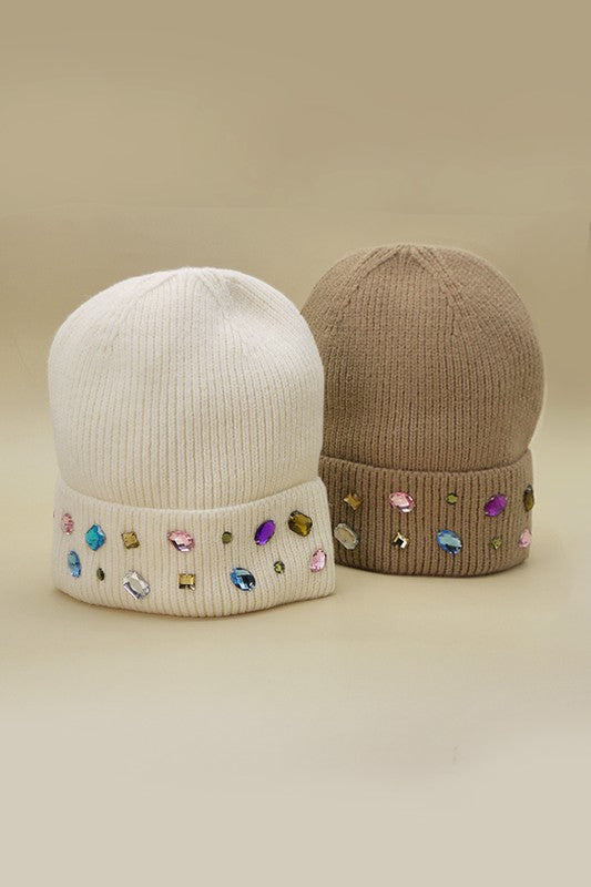 JEWELED COLOR STONE EMBELLISHMENT BEANIE | 40BN906 - Near & Dear