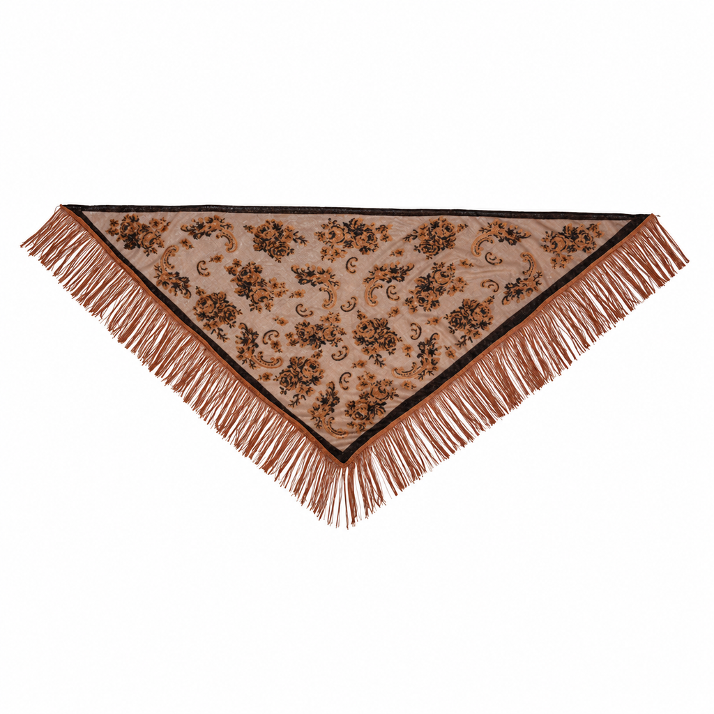 Vintage Sheer Floral Mesh Fringe Triangular Shawl | 40SC775