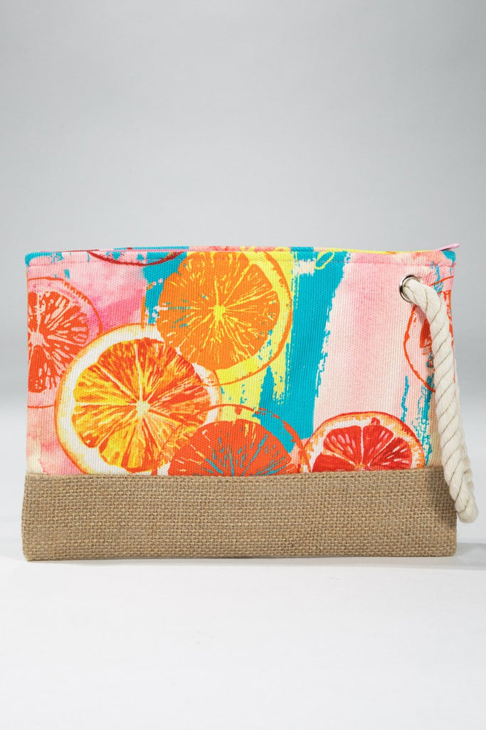 Summer Citrus Pouch | vibrant Summer Pouch | Fruit Print Pouch | Rope Wristlet | Zipper Pouch | Beach Pouch | Jute Pouch Bag