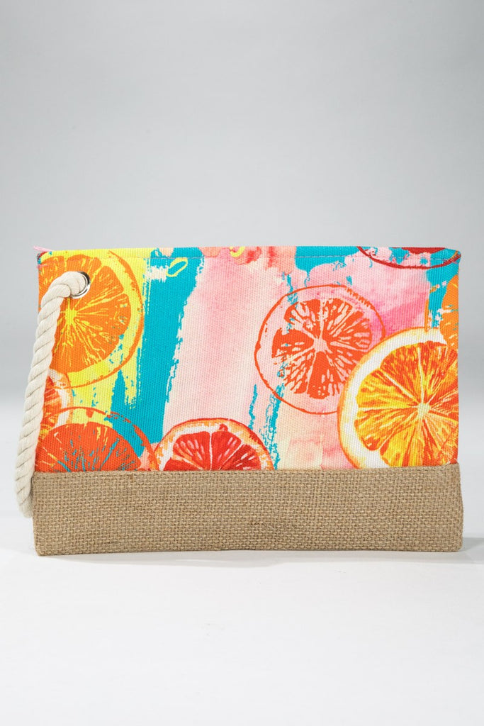 Summer Citrus Pouch | vibrant Summer Pouch | Fruit Print Pouch | Rope Wristlet | Zipper Pouch | Beach Pouch | Jute Pouch Bag