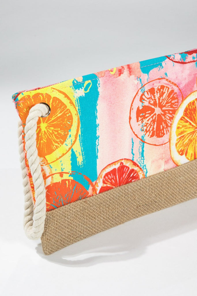 Summer Citrus Pouch | vibrant Summer Pouch | Fruit Print Pouch | Rope Wristlet | Zipper Pouch | Beach Pouch | Jute Pouch Bag
