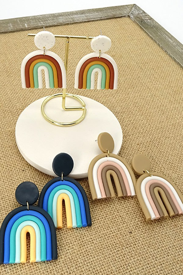 Color Block Rainbow Clay Polymer Drop Earrings | 40E169