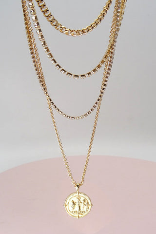 DOUBLE RHINESTONE CHAIN COIN DROP LAYER NECKLACE | 31N21088