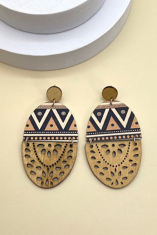 WOOD MIXED AZTEC PRINT TEAR DROP EARRINGS | 40E183
