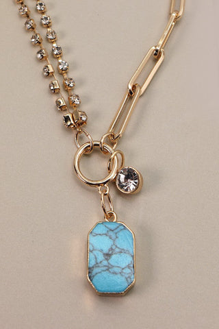 RHINESTONE MIX CHAIN ON TURQ STONE CHARM NECKLACE | 25N392