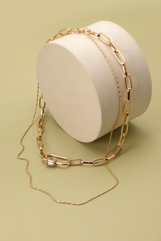 BAGUETTE RHINESTONE CHARM LINK LAYER NECKLACE | 25N394