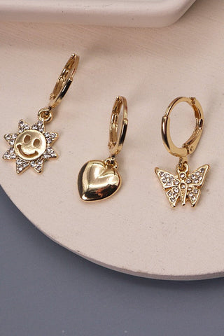 SUN BUTTERFLY HEART MINI HOOP TRIO EARRINGS | 71E212956