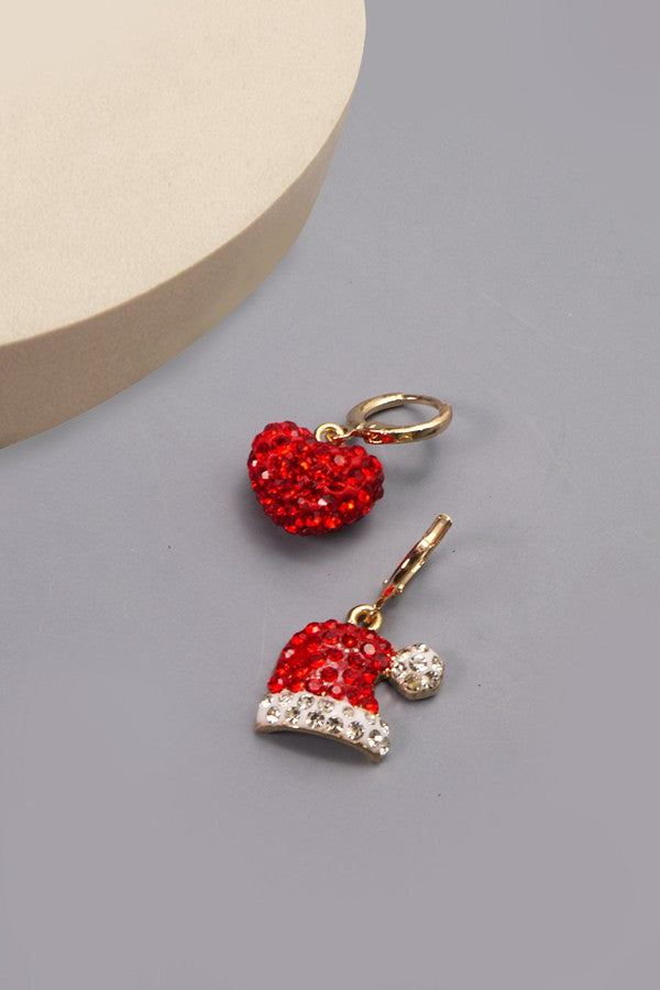 RHINESTONE SANTA HAT AND HEART MINI HOOP EARRINGS | 71E0964