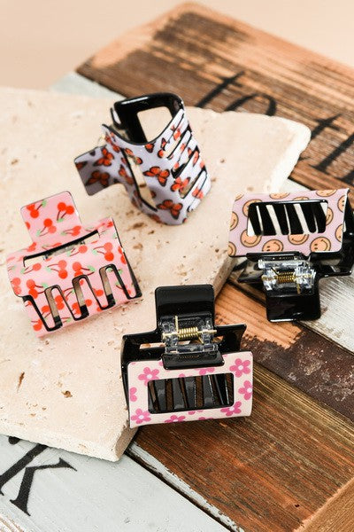 TRENDY PREMIUM  HAIR CLAW CLIP - SMILEY, FLOWER, CHERRY, COW, BUTTERFLY | 40H479