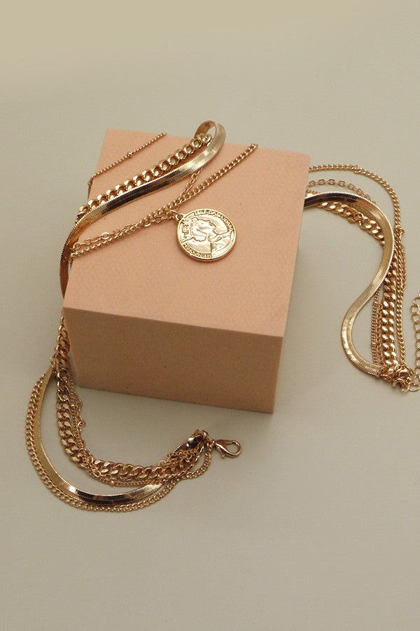 COIN CHARM MULTI SNAKE CHAIN LAYER NECKLACE | 31N2224