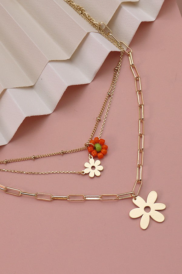 MULTI LAYER DAISY CHARM BEADED NECKLACE | 80N026