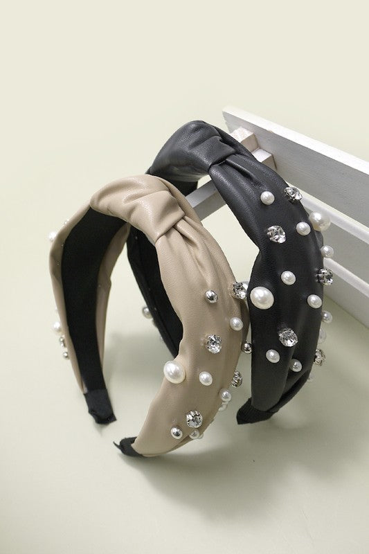 KNOTTED FAUX LEATHER PEARL RHINESTONE HAIR BANDS | 40HB111