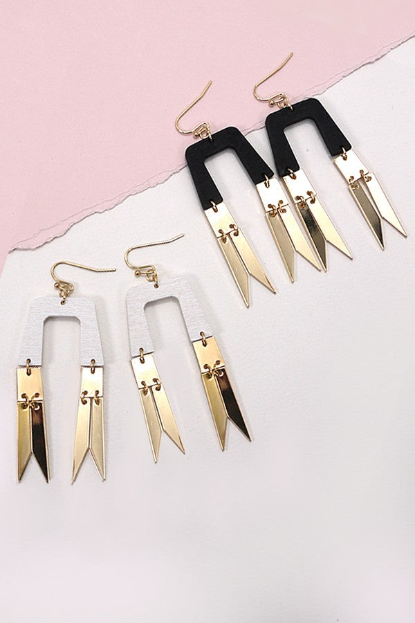 GEO WOOD GOLD METAL DROP EARRINGS | 10E3011816