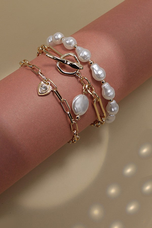 3 ROW PEARL  LINK TOGGLE PAPER CLIP BRACELET | 10B3032414