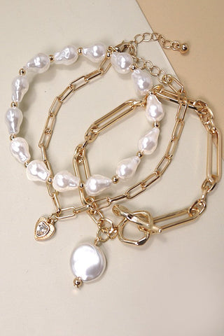 3 ROW PEARL  LINK TOGGLE PAPER CLIP BRACELET | 10B3032414
