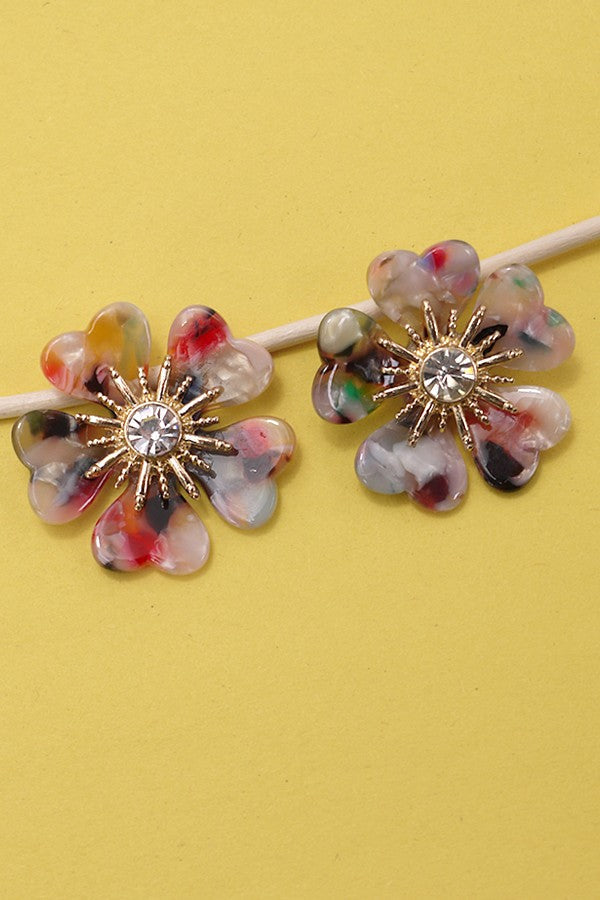 RESIN RHINESTONE  FLOWER STUD EARRINGS| 80E735