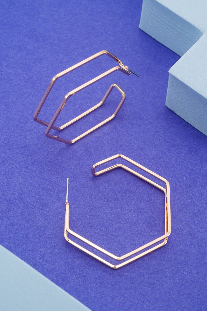 DOUBLE ROW GEOMETRIC HEXAGON HOOP EARRINGS | 80E1011