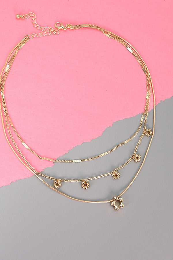 TRIPLE ROW MINI CHARM FLOWER LAYER NECKLACE | 80N216