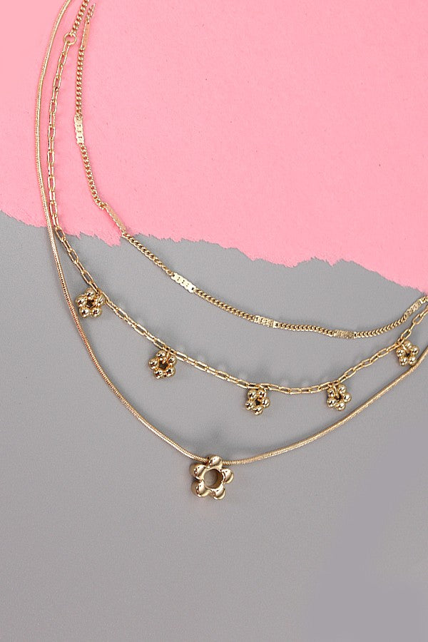 TRIPLE ROW MINI CHARM FLOWER LAYER NECKLACE | 80N216