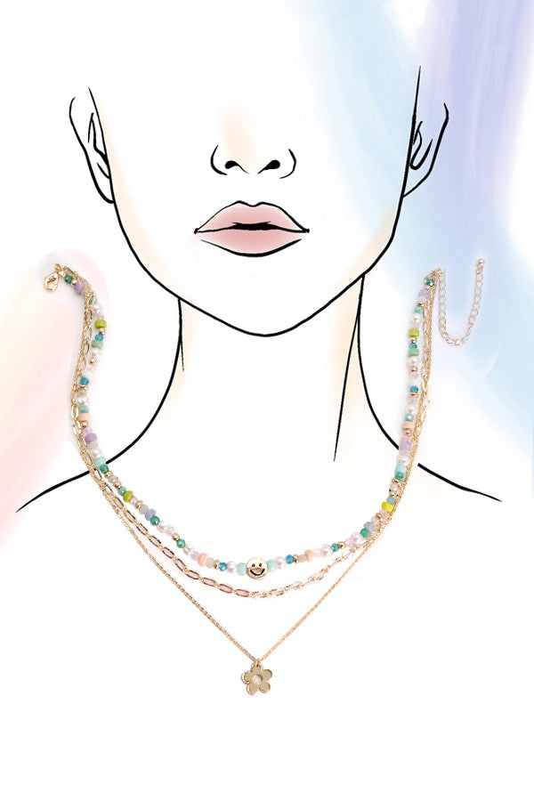 SMILEY CHARM BEADED TRIPLE LAYER NECKLCE | 80N221