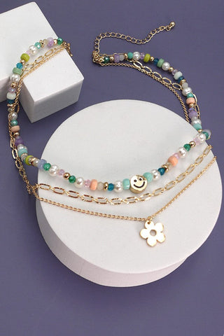 SMILEY CHARM BEADED TRIPLE LAYER NECKLCE | 80N221