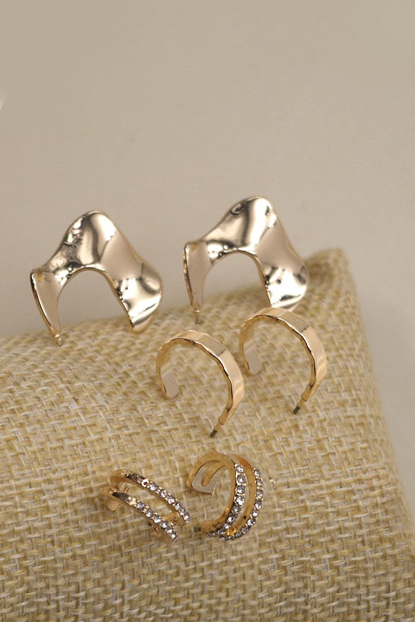 HUGGIE RHINSTONE HAMMERD TRIO EARRINGS | 80E1801