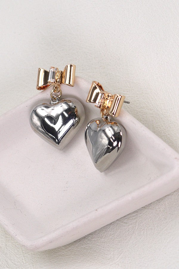 BOW HEART RHINESTONE DANGLE EARRINGS | 80E2297