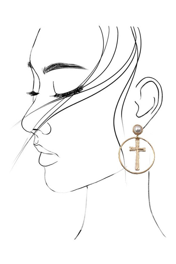ROUND CROSS DROP PEARL EARRINGS | 80E2580