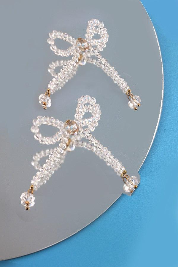 RHINESTONE CUT CLEAR BED BOW RIBBON EARRINGS | 80E2845