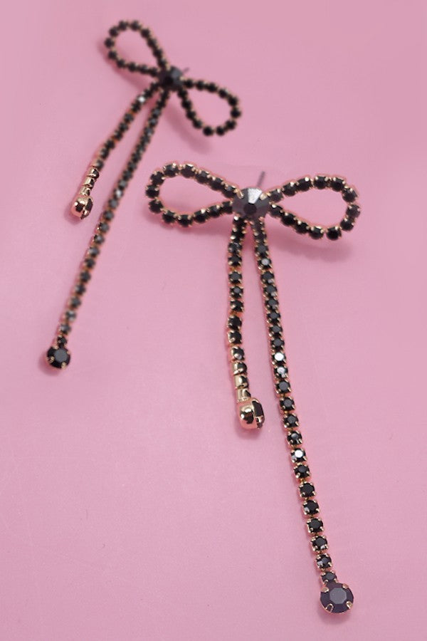 LONG DROP BLACK DIAMOND GLASS  BOW EARRINGS | 31E24446