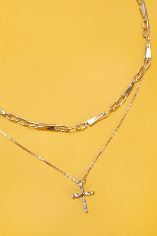 RHINESTONE CROSS CHAIN DOUBLE ROW NECKLACE | 80N698