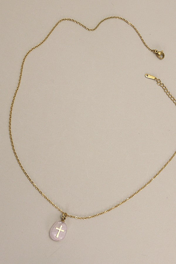 18K ROSE QUARTZ STAINLESS STEEL CROSS NECKLACE | 40NK317