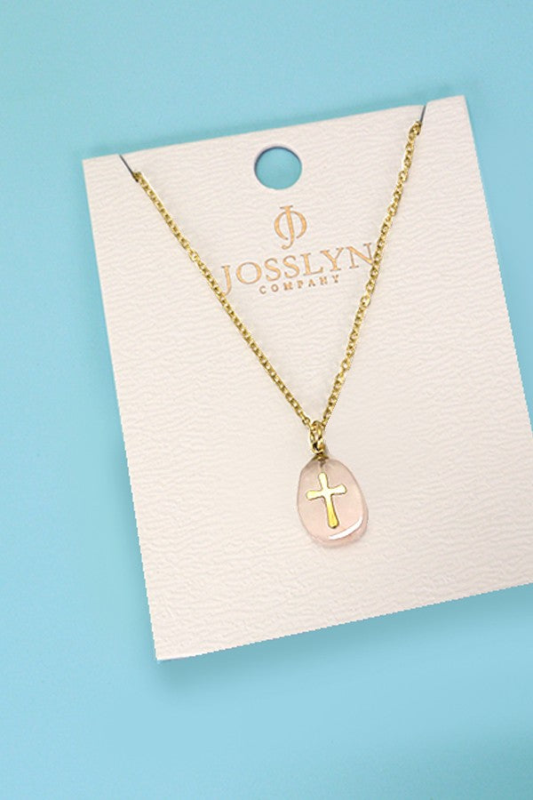 18K ROSE QUARTZ STAINLESS STEEL CROSS NECKLACE | 40NK317
