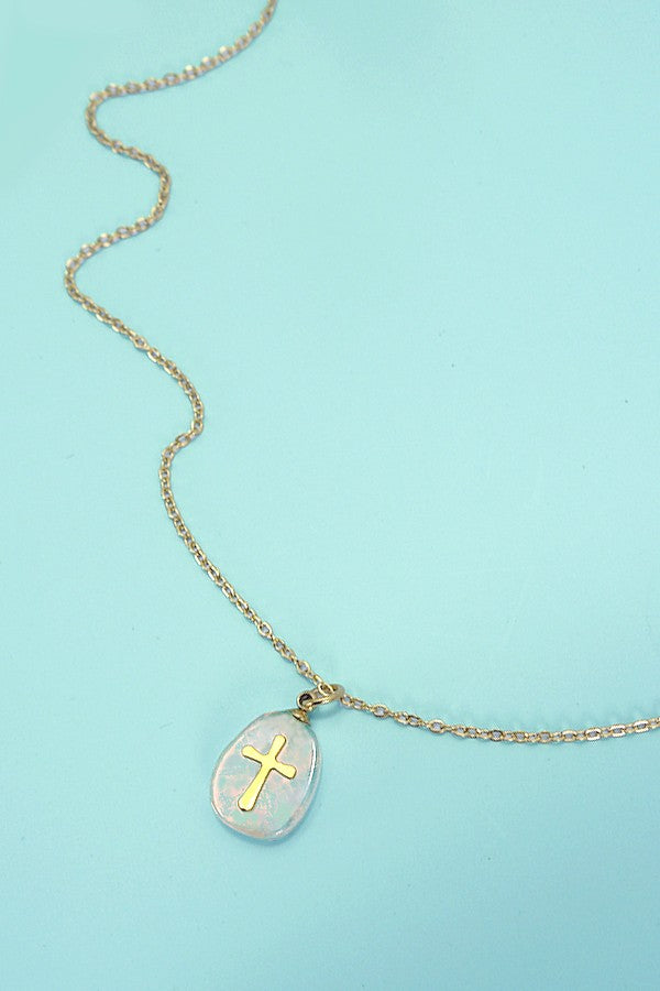 18K ROSE QUARTZ STAINLESS STEEL CROSS NECKLACE | 40NK317