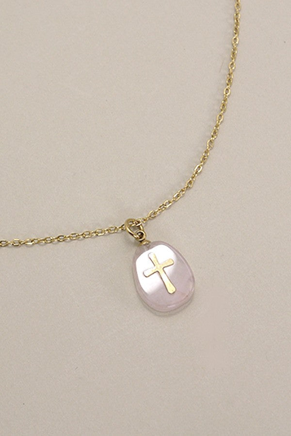 18K ROSE QUARTZ STAINLESS STEEL CROSS NECKLACE | 40NK317