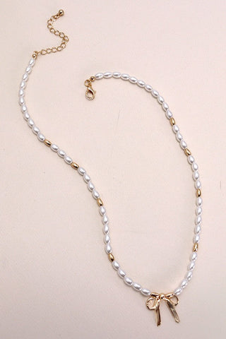 BOW RIBBON PEARL GOLD MIX CHAIN NECKLACE | 31N24093