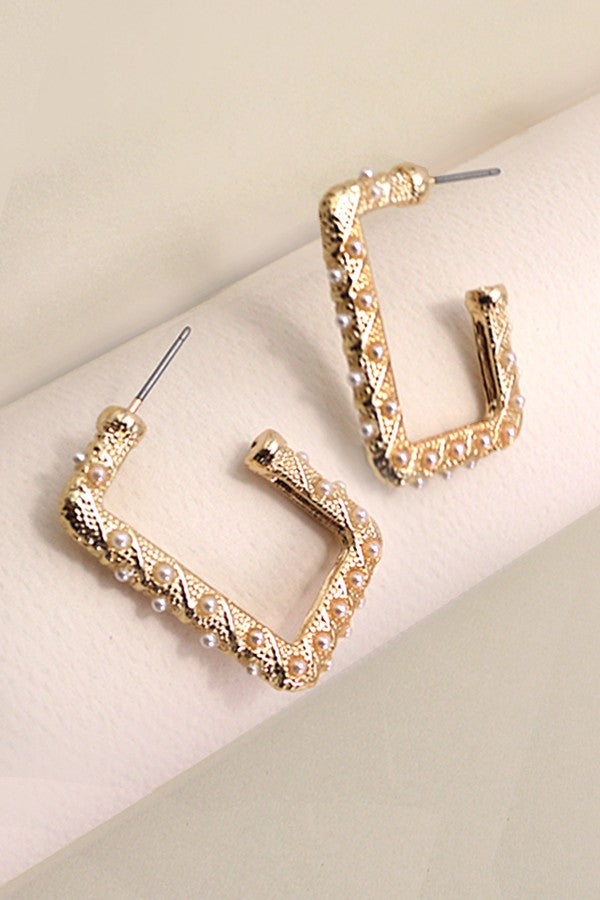 PEARL GOLD MIX RECTANGLE HOOP EARRINGS | 31E24892