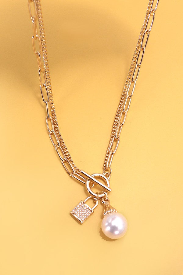 PEARL LOCK CHARM DOUBLE LAYER TOGGLE NECKLACE | 31N24104