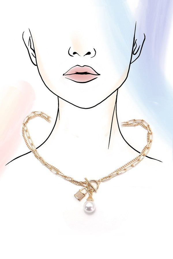 PEARL LOCK CHARM DOUBLE LAYER TOGGLE NECKLACE | 31N24104
