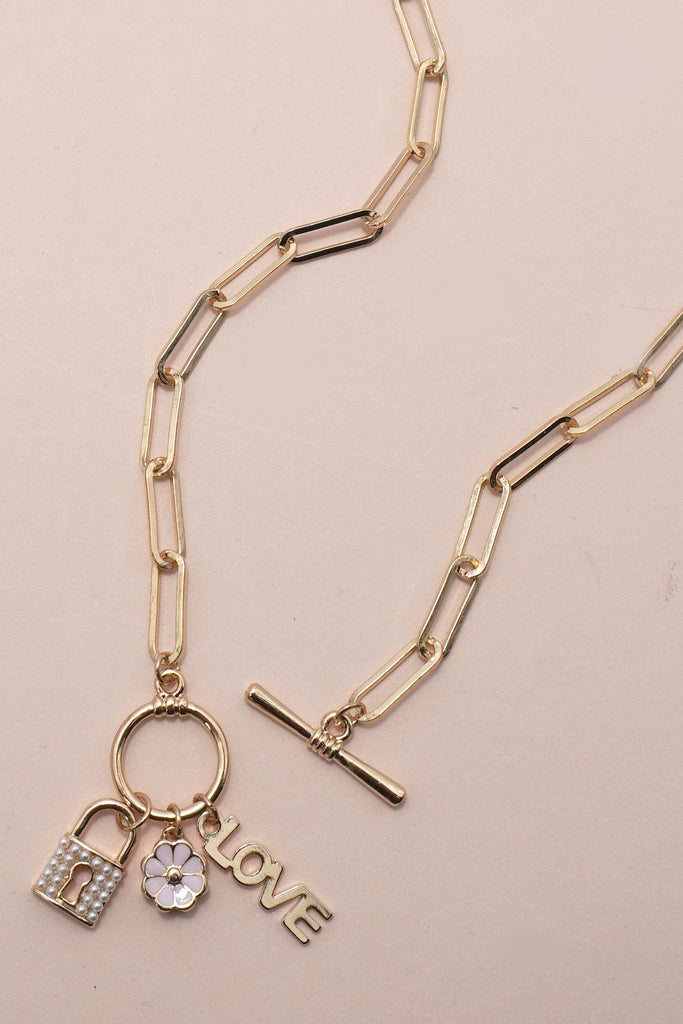 CLUSTER CHARM LOCK FLOWER LOVE TOGGLE NECKLACE | 31N24128