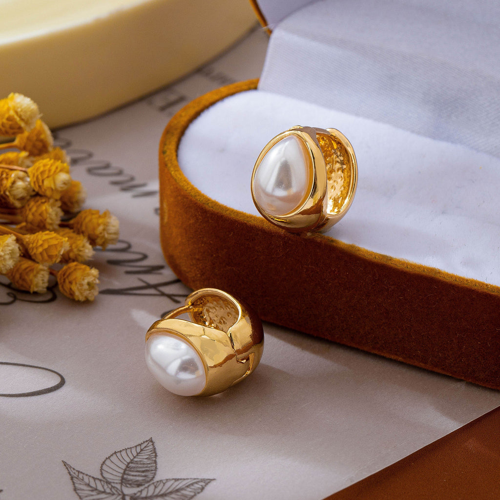 Chunky Gold & Pearl Teardrop Huggie Hoop Earrings | 80E63347