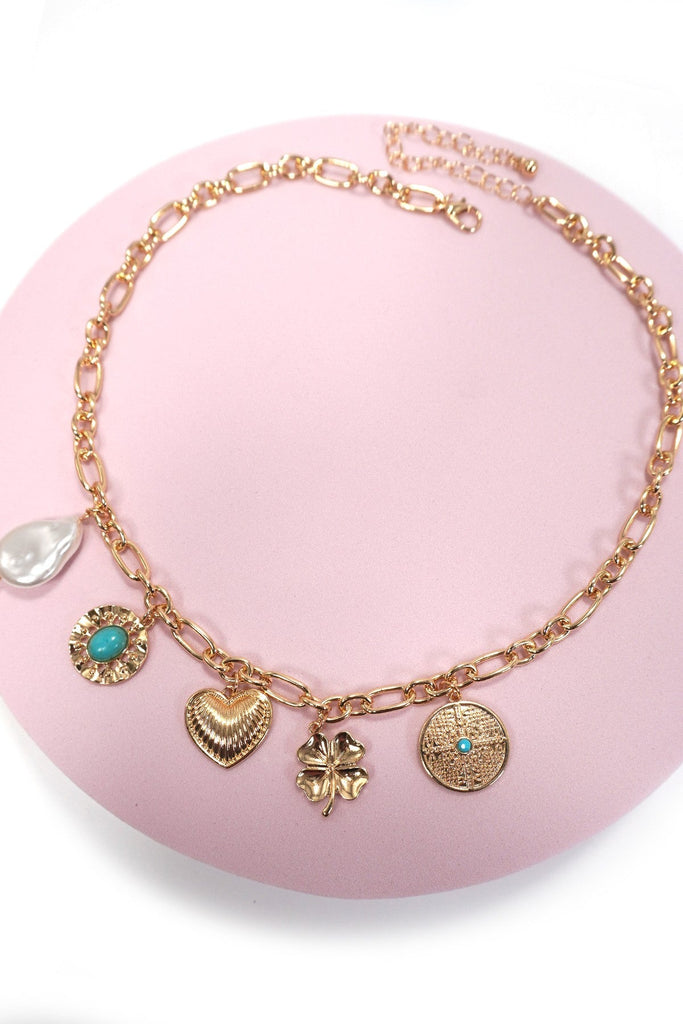 BOHO TURQ HEART PEARL CLOVER CHARM NECKLACE | 80N1183