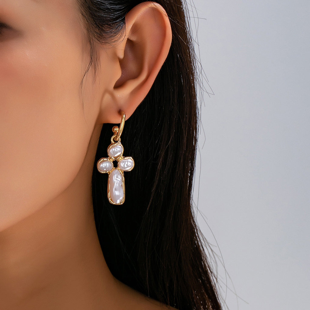 Elegant Pearl Cross Huggie Drop Earrings | 80E63380
