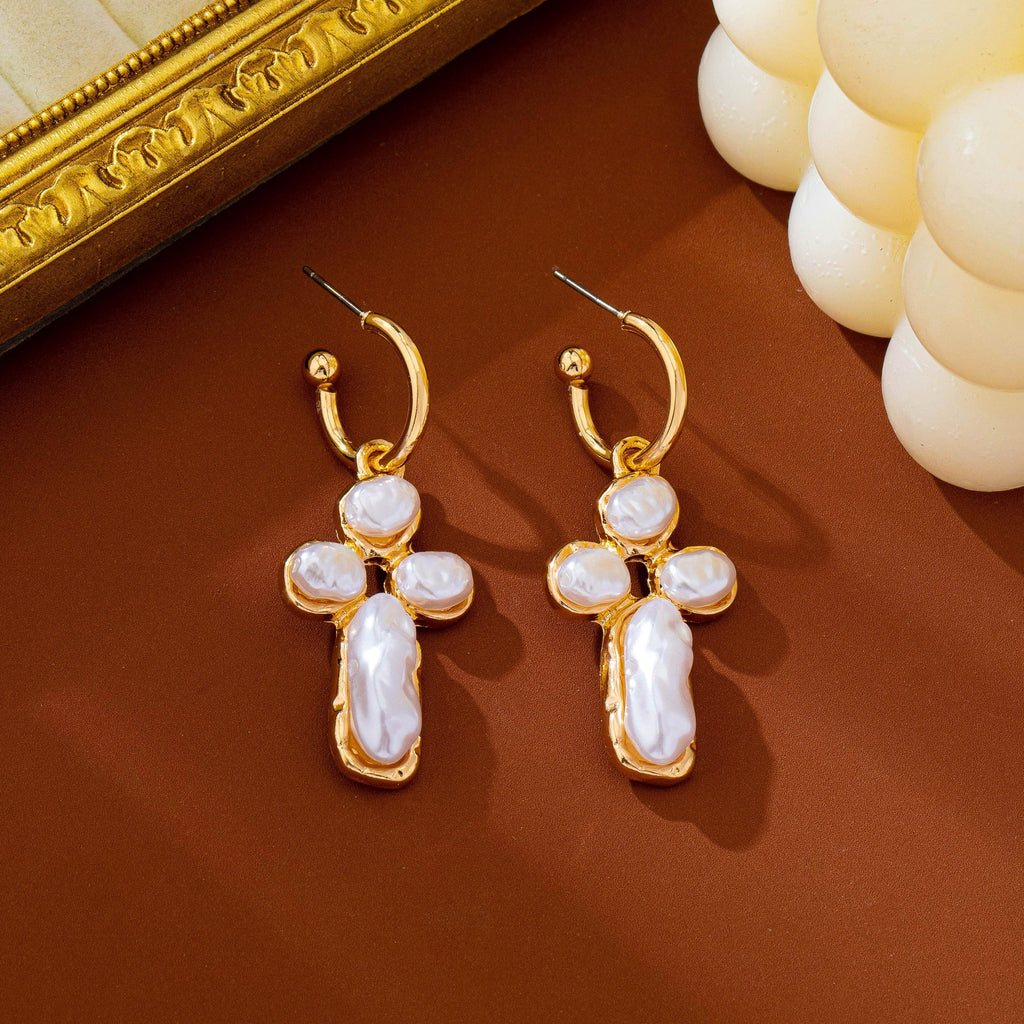 Elegant Pearl Cross Huggie Drop Earrings | 80E63380