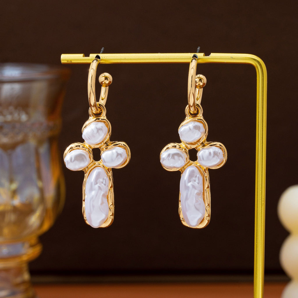 Elegant Pearl Cross Huggie Drop Earrings | 80E63380
