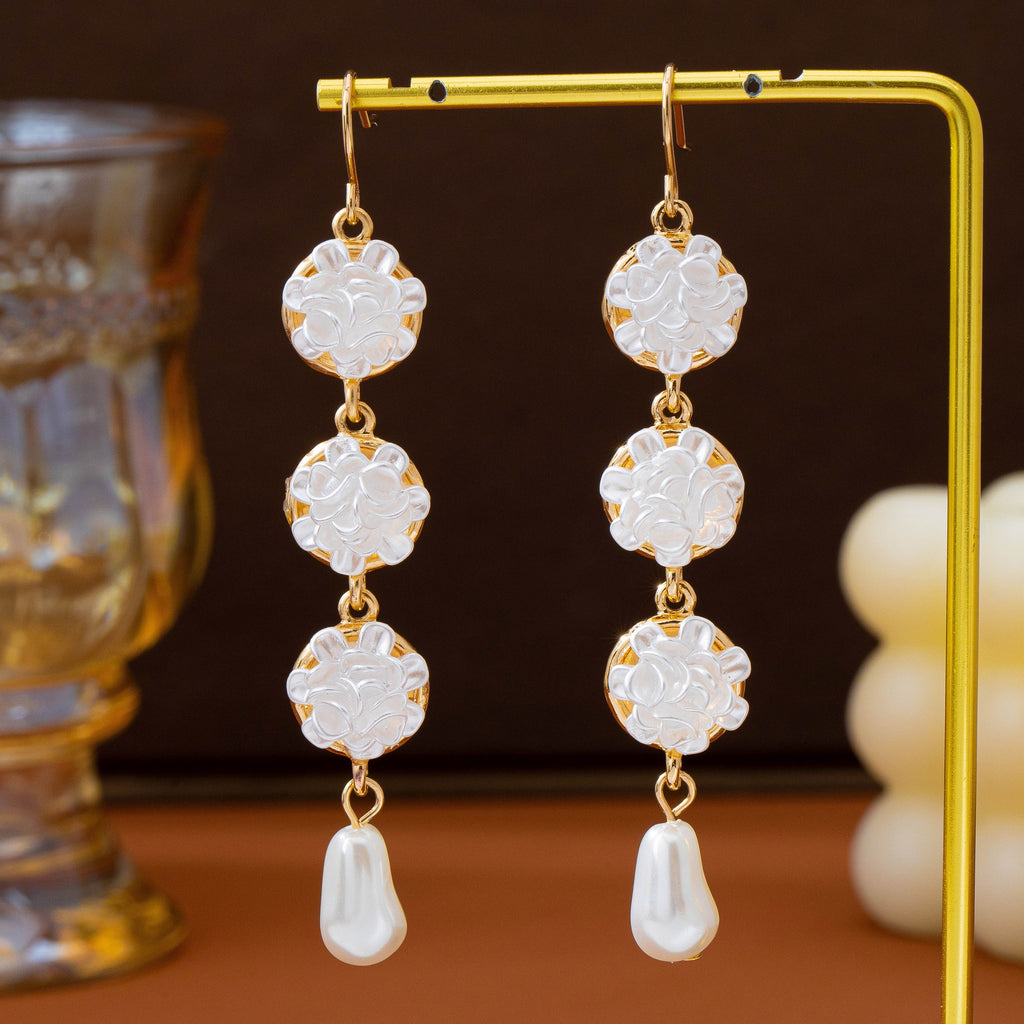Carved Floral & Faux Pearl Linear Drop Earrings |  80E63366