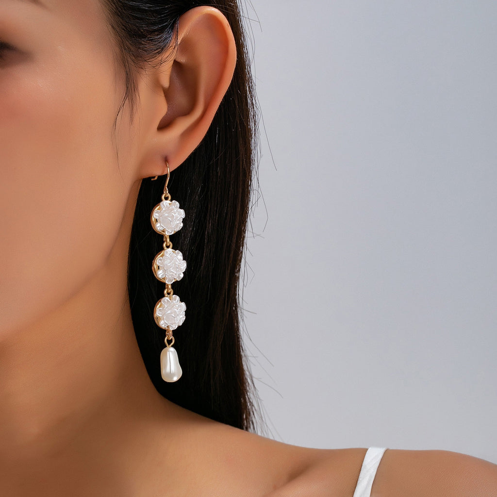 Carved Floral & Faux Pearl Linear Drop Earrings |  80E63366