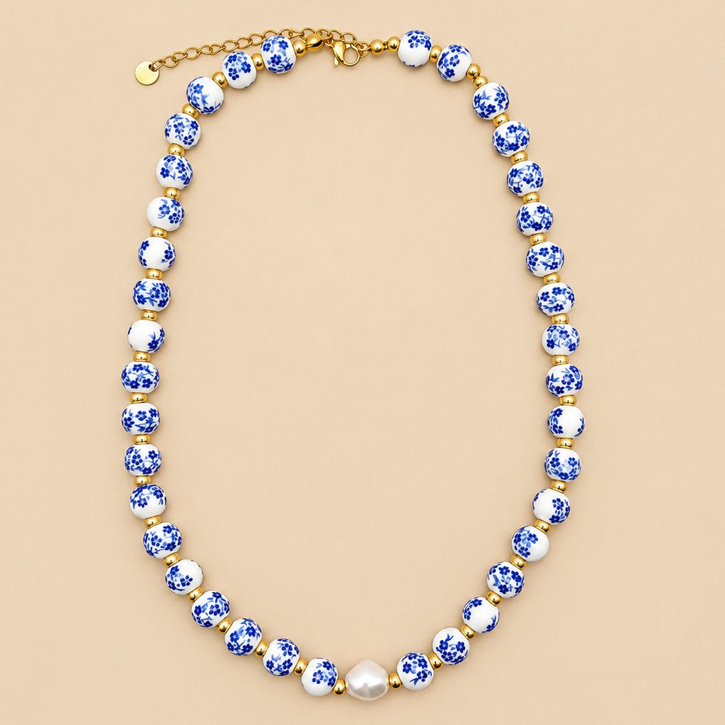 Blue Ceramic Floral Bead & Baroque Pearl Necklace | 40NK9806