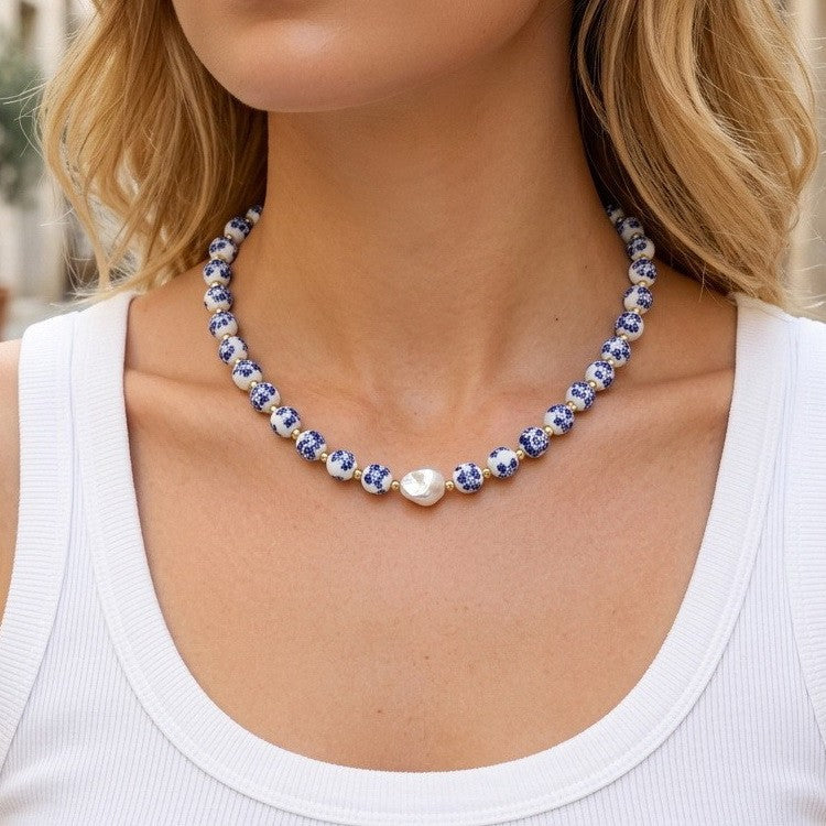 Blue Ceramic Floral Bead & Baroque Pearl Necklace | 40NK9806