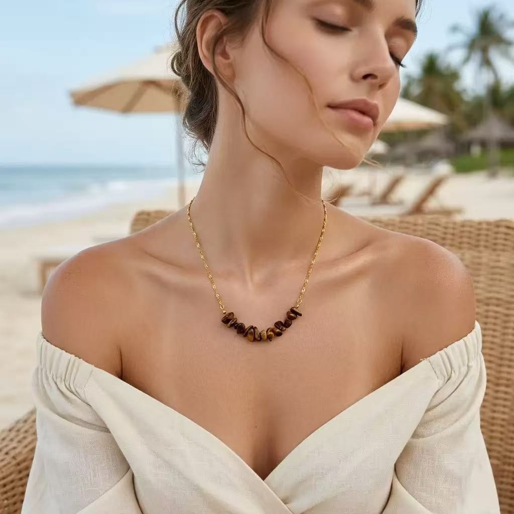 STAINLESS STEEL TIGER EYE STONE NECKLACE | 40NK9795